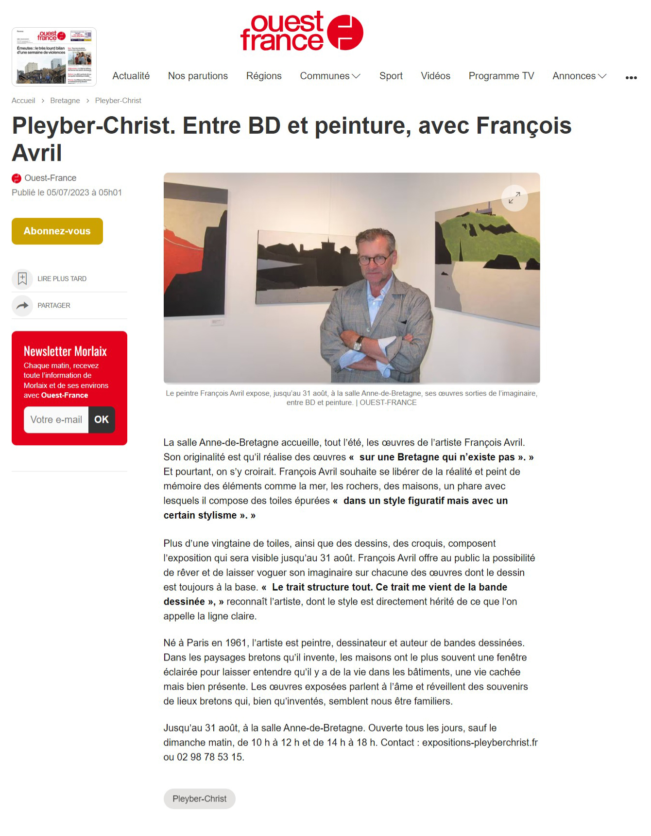Exposition de François Avril à Pleyber-Christ, Salle Anne de Bretagne. Article de Ouest France du 07 juillet 2023