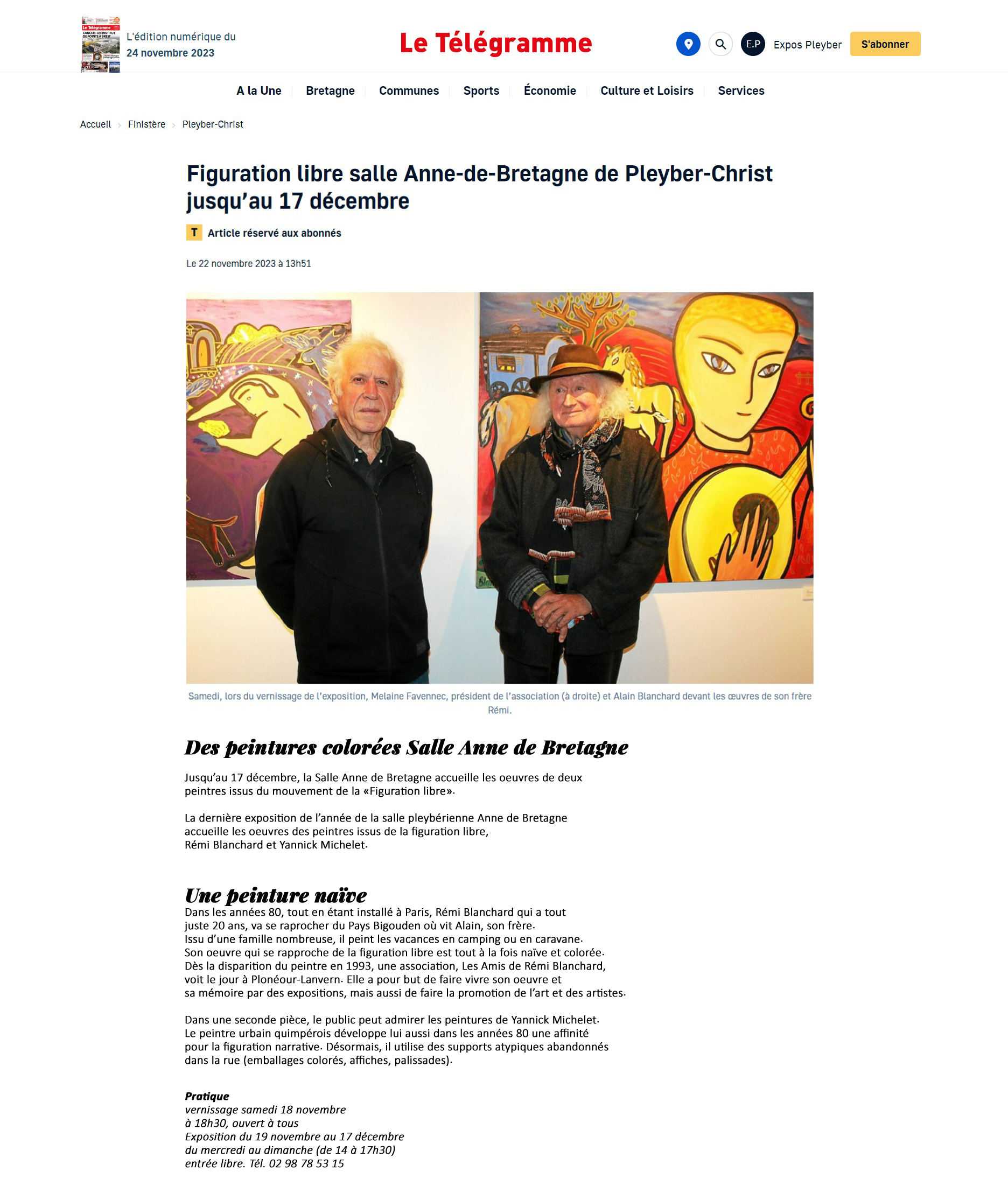 Le Télégramme du 22 novembre 2023 - exposition de Rémi Blanchard et Yannick Michelet